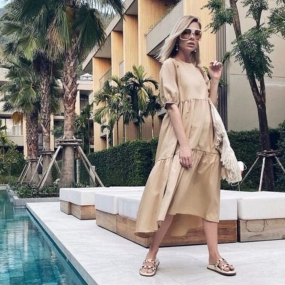 Zara Camel Tan Poplin Tiered Midi Dress Puff Sleeve Asymmetric Hem Pockets S - Picture 8 of 16